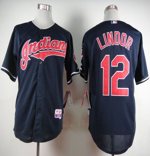 Indians #12 Francisco Lindor Navy Blue Cool Base Stitched MLB Jersey - Click Image to Close